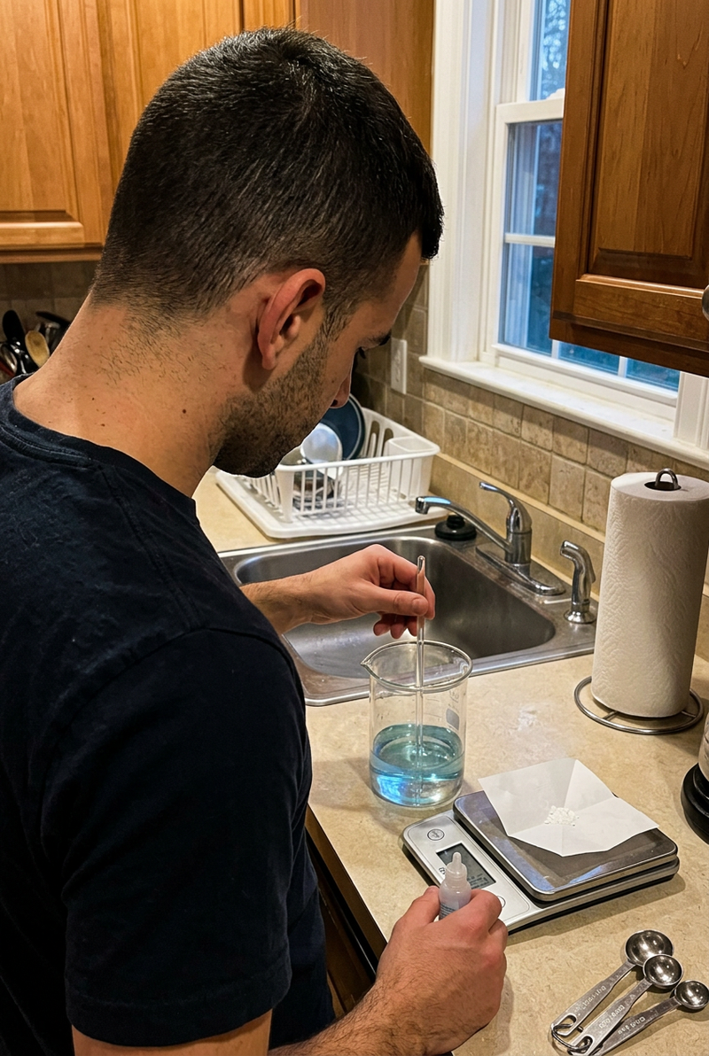 Applying the serum at a bathroom mirror
