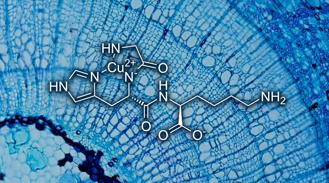 GHK-Cu molecular structure overlaid on cellular microscopy