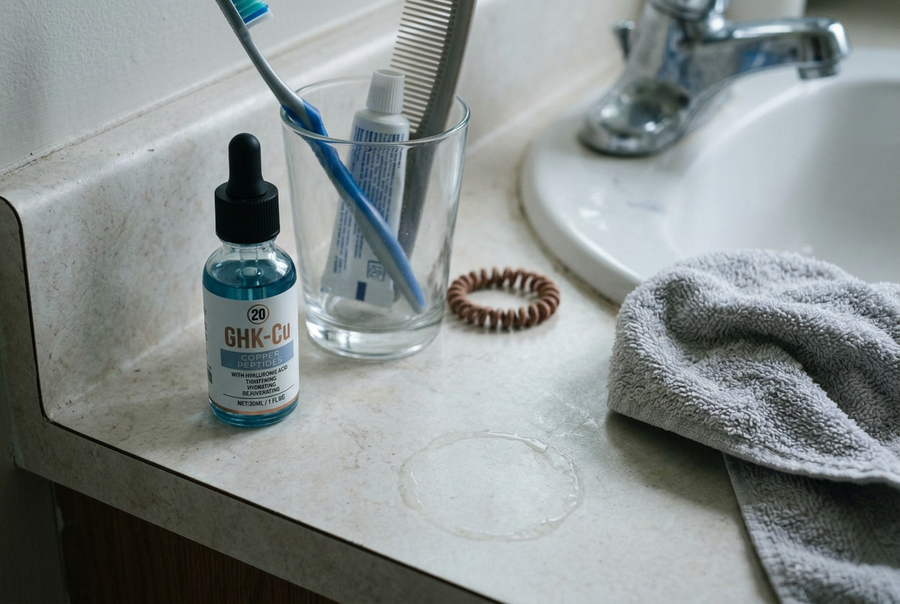 The serum on a bathroom counter