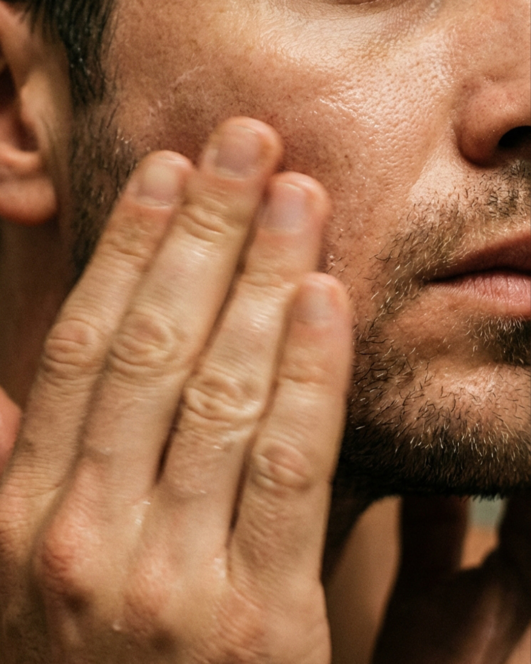 Close-up of Division Twenty serum being applied to the cheek and jawline