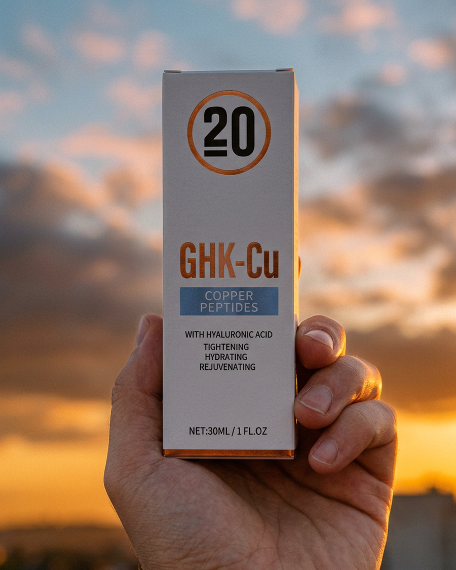 A hand holding the Division Twenty serum at sunset